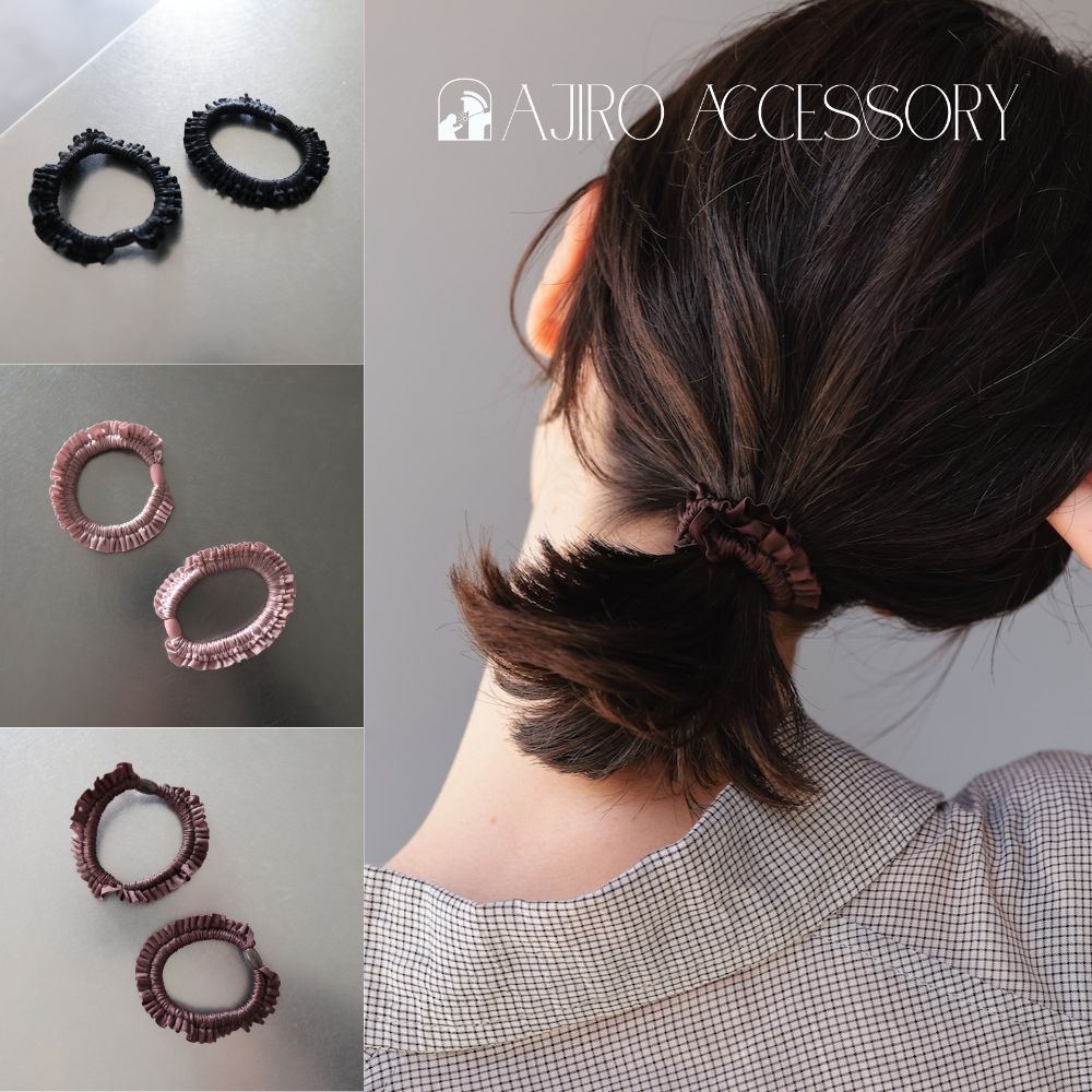 【2点セット】H018ヘアゴムミニフリルシュシュレディースヘアアクセサリー光沢大人可愛いおしゃれシンプルまとめ髪ポニーテールお団子普段使いオフィスブラックブラウンピンクギフト