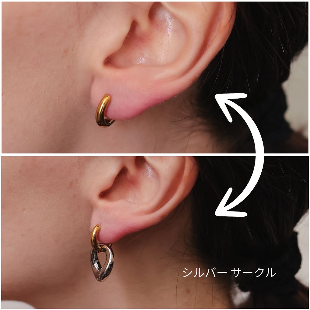 P496ピアスバイカラーダブルリングレディース金属アレルギー対応サージカルステンレスK18コーティングゴールドシルバーフープ揺れるボリュームキャッチレス大人きれいめデイリー