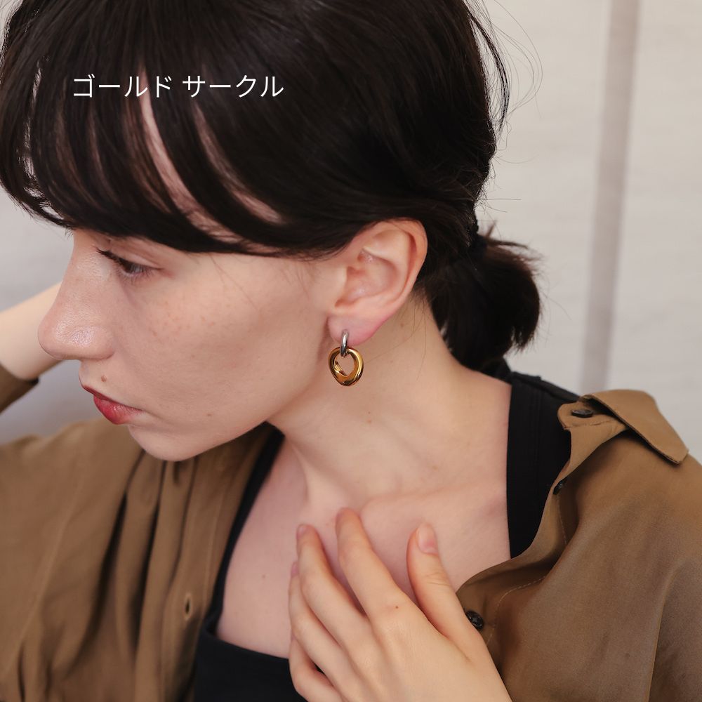 P496ピアスバイカラーダブルリングレディース金属アレルギー対応サージカルステンレスK18コーティングゴールドシルバーフープ揺れるボリュームキャッチレス大人きれいめデイリー