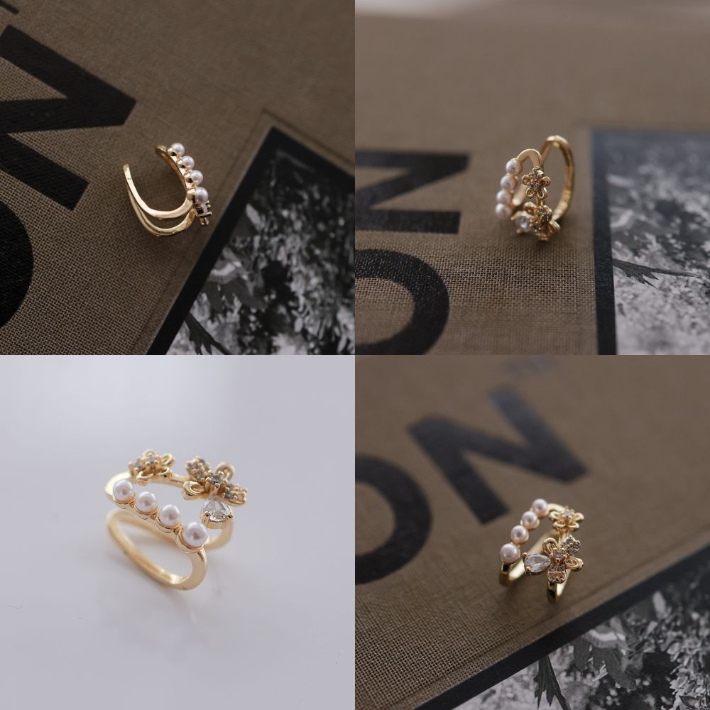 C020イヤーカフパールフラワーモチーフキュービックジルコニア金属アレルギー対応K18コーティングゴールドシルバー片耳用小ぶり軽量上品大人可愛いきれいめデイリー結婚式フォーマル
