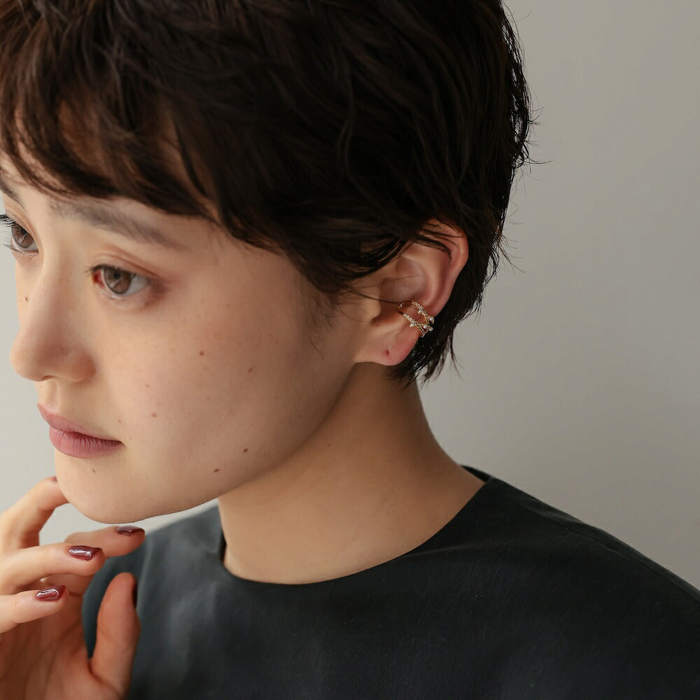 C022イヤーカフダブルラインパールジルコニアレディース金属アレルギー対応K18コーティングゴールドシルバーイヤリング重ね着け軽量小ぶり上品大人可愛いきれいめ結婚式フォーマル