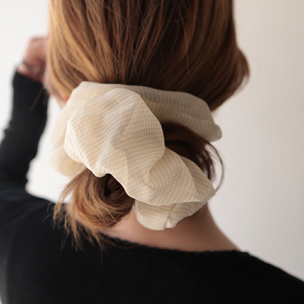H010シュシュ大きめギンガムチェックメッシュボリュームレディースヘアゴムヘアアクセサリー透け感軽量大人可愛い上品きれいめカジュアルデイリーオフィス普段使いお出かけまとめ髪