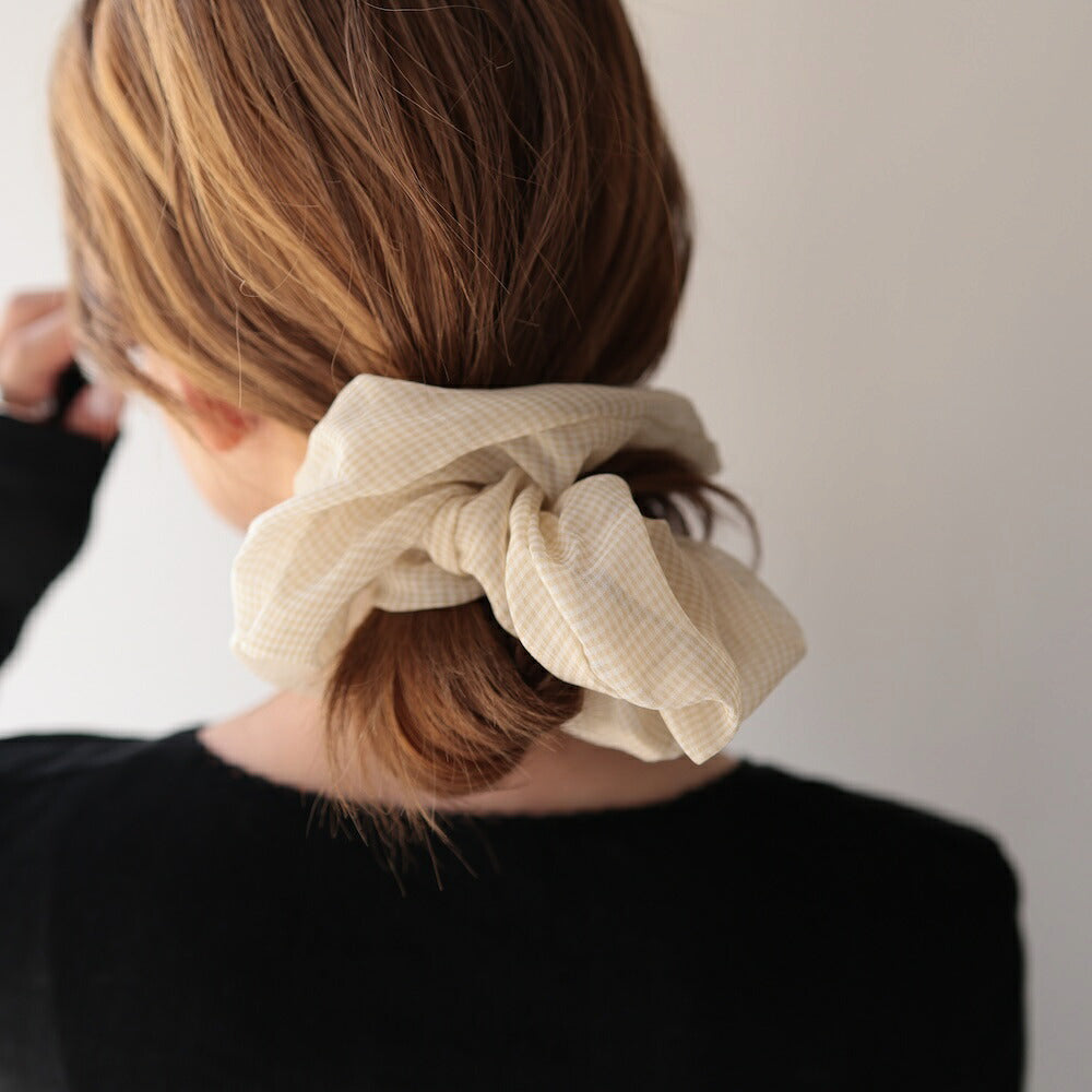 H010シュシュ大きめギンガムチェックメッシュボリュームレディースヘアゴムヘアアクセサリー透け感軽量大人可愛い上品きれいめカジュアルデイリーオフィス普段使いお出かけまとめ髪