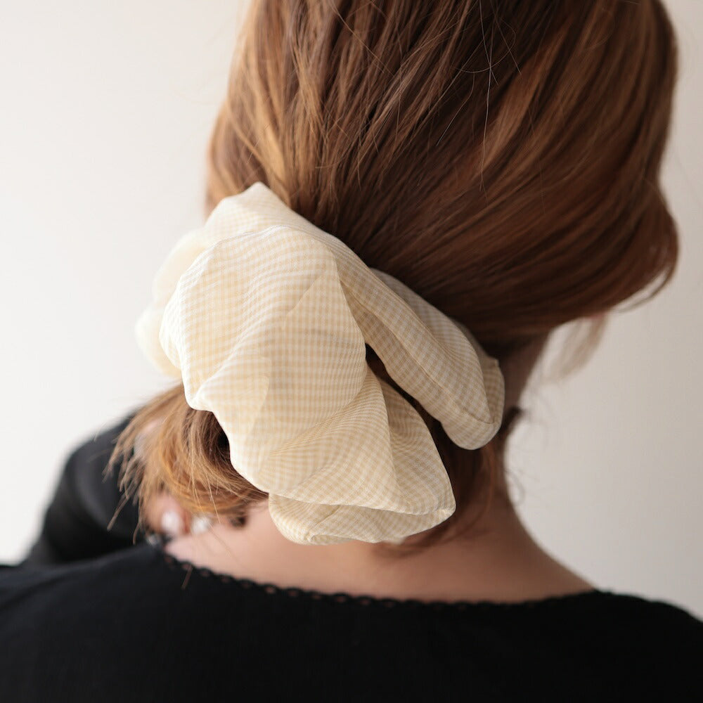 H010シュシュ大きめギンガムチェックメッシュボリュームレディースヘアゴムヘアアクセサリー透け感軽量大人可愛い上品きれいめカジュアルデイリーオフィス普段使いお出かけまとめ髪