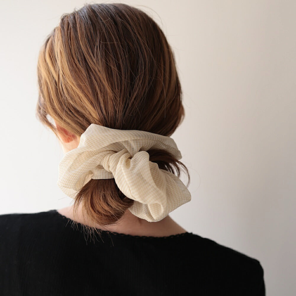 H010シュシュ大きめギンガムチェックメッシュボリュームレディースヘアゴムヘアアクセサリー透け感軽量大人可愛い上品きれいめカジュアルデイリーオフィス普段使いお出かけまとめ髪