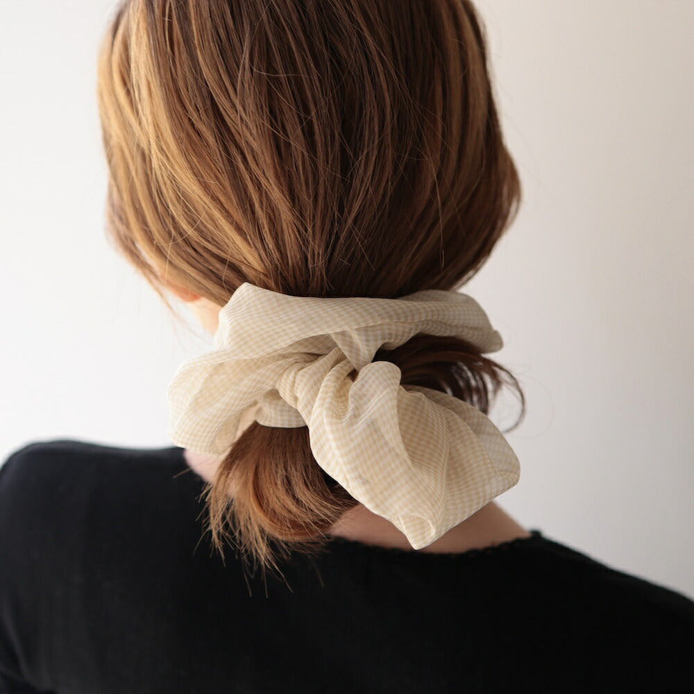 H010シュシュ大きめギンガムチェックメッシュボリュームレディースヘアゴムヘアアクセサリー透け感軽量大人可愛い上品きれいめカジュアルデイリーオフィス普段使いお出かけまとめ髪