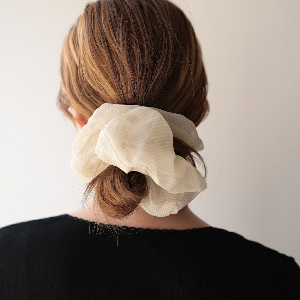 H010シュシュ大きめギンガムチェックメッシュボリュームレディースヘアゴムヘアアクセサリー透け感軽量大人可愛い上品きれいめカジュアルデイリーオフィス普段使いお出かけまとめ髪