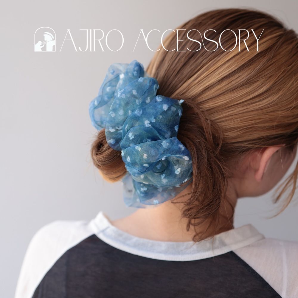 H064シュシュ大ぶりシアー小花柄ブルーレディースヘアアクセサリーヘアゴムボリューム透け感まとめ髪ポニーテールお団子大人可愛い上品きれいめカジュアルデイリー普段使い