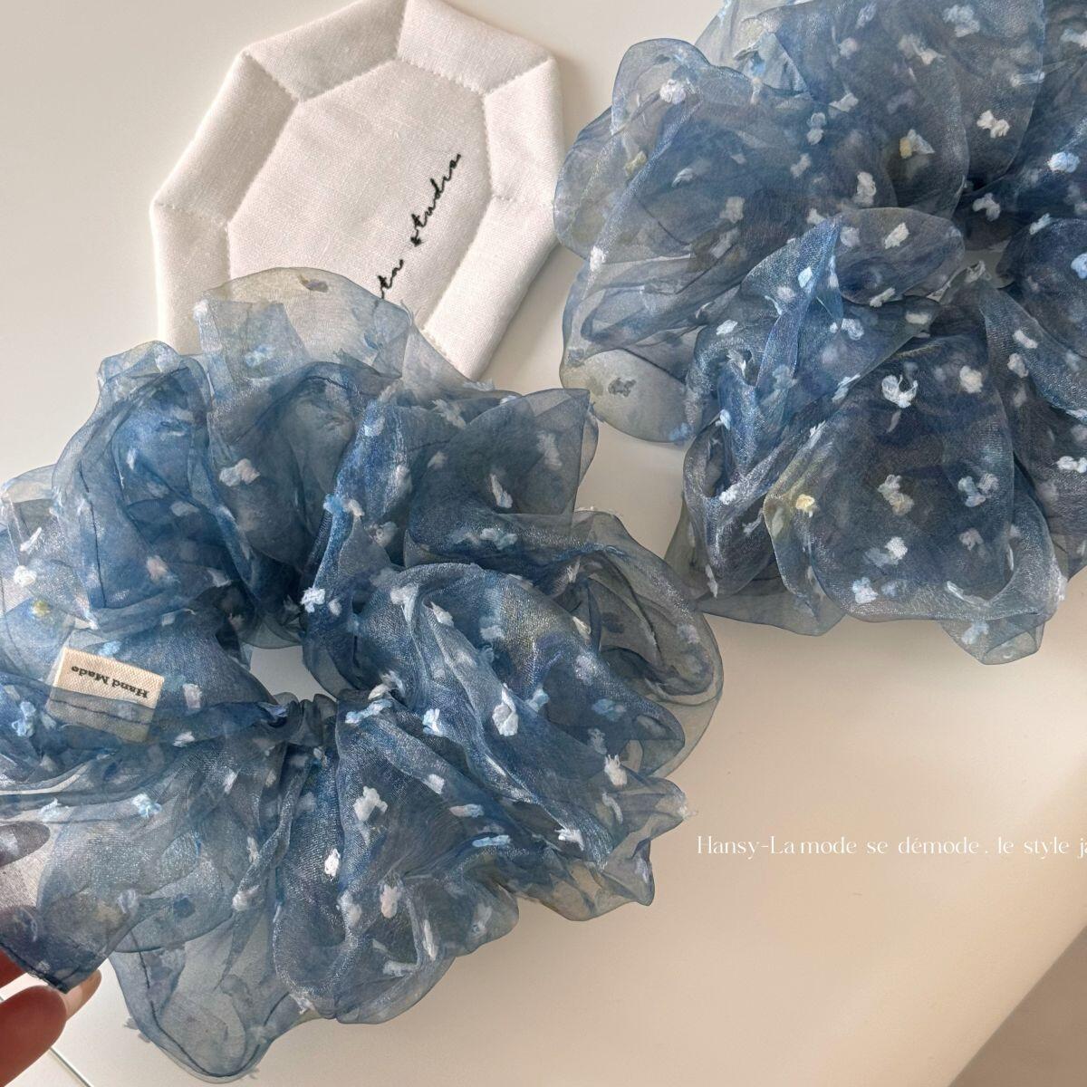H064シュシュ大ぶりシアー小花柄ブルーレディースヘアアクセサリーヘアゴムボリューム透け感まとめ髪ポニーテールお団子大人可愛い上品きれいめカジュアルデイリー普段使い