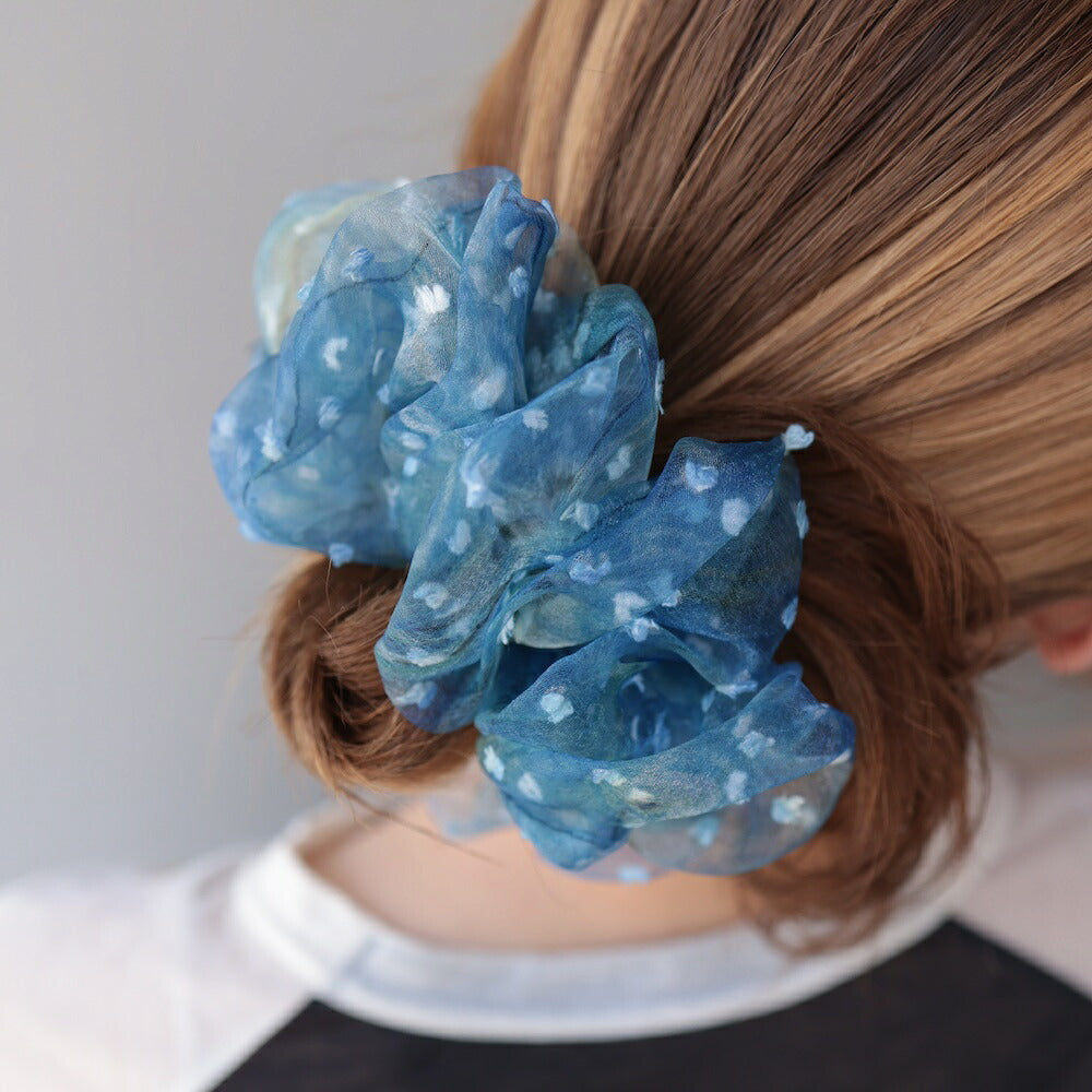 H064シュシュ大ぶりシアー小花柄ブルーレディースヘアアクセサリーヘアゴムボリューム透け感まとめ髪ポニーテールお団子大人可愛い上品きれいめカジュアルデイリー普段使い