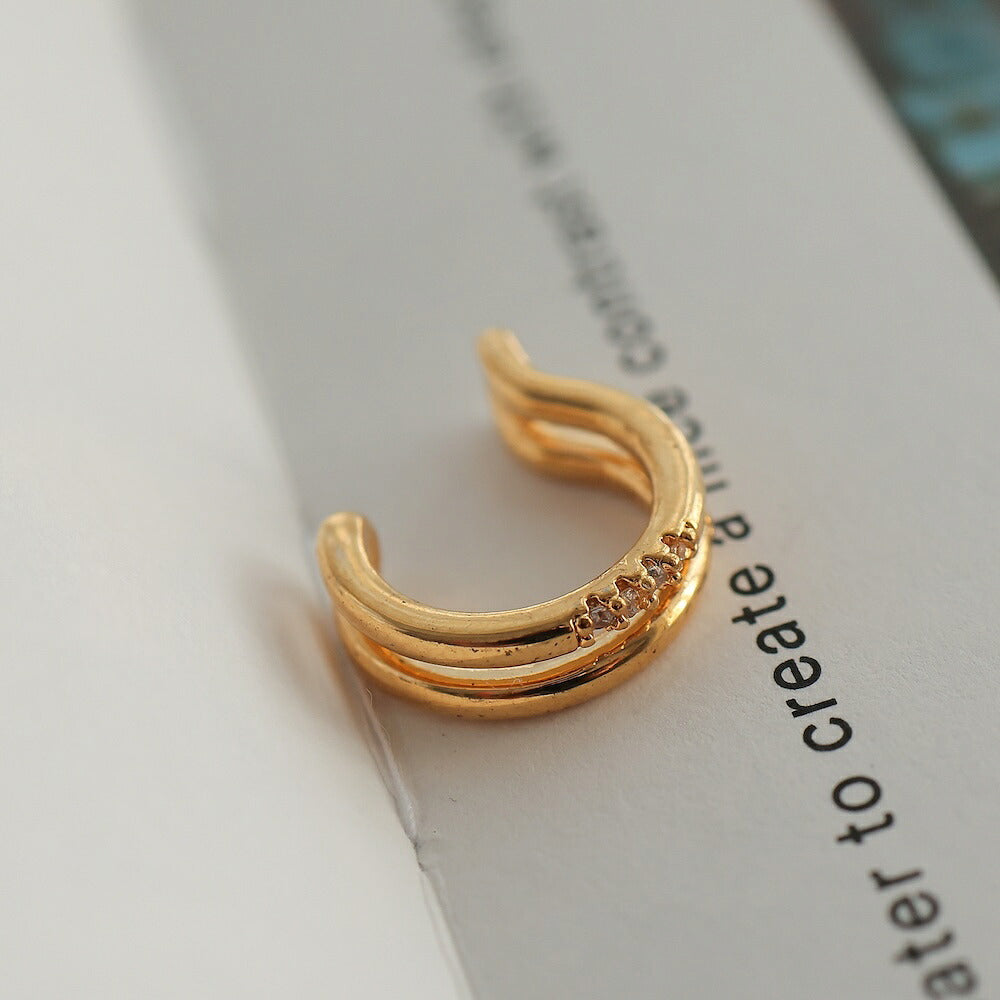 C016イヤーカフダブルラインビジュー金属アレルギー対応ゴールドレディースイヤカフノンホール小ぶり軽量重ね付け上品きれいめ大人可愛いデイリーオフィス結婚式フォーマルギフト