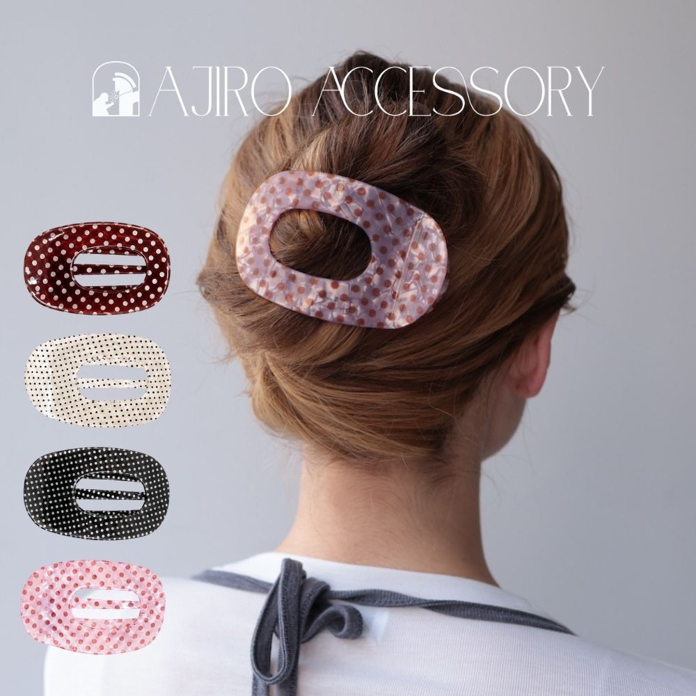 H078ヘアクリップドット柄水玉オーバルくり抜きアクリルヘアアクセサリーレディースまとめ髪ヘアアレンジ大人可愛い上品きれいめレトロデイリーオフィス普段使い