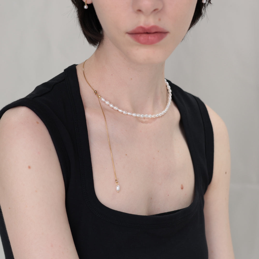 N152  stainless 2way half pearl necklace