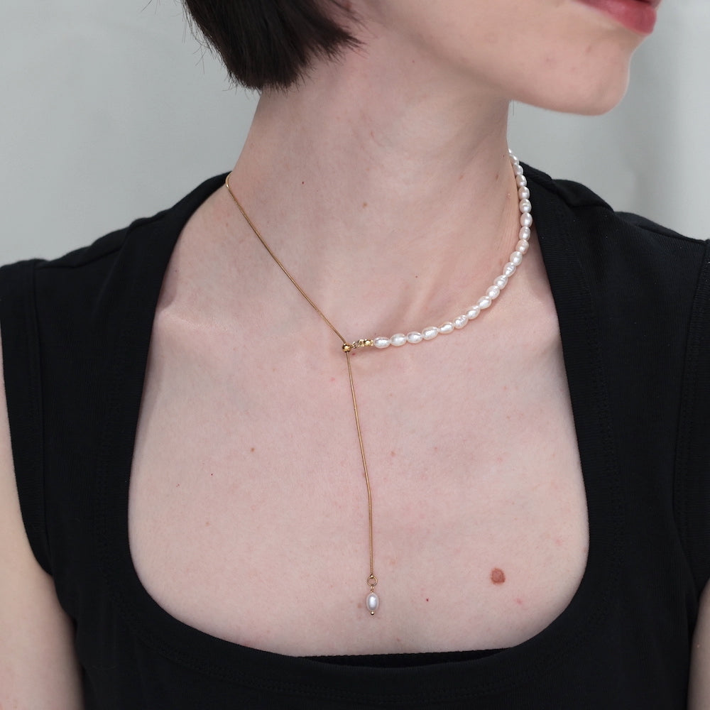 N152  stainless 2way half pearl necklace