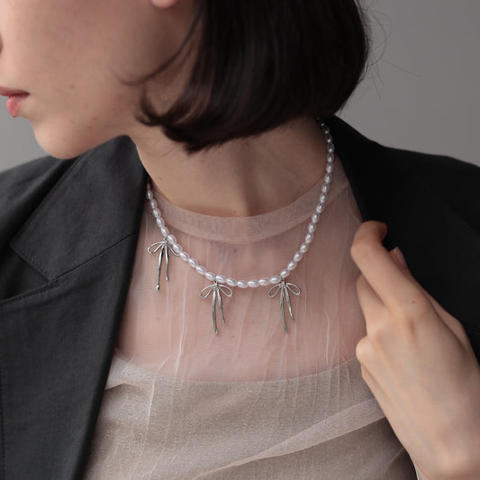 N252 stainless  perl beads ribbon necklace
