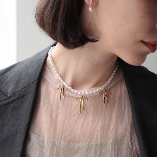 N252 stainless  perl beads ribbon necklace