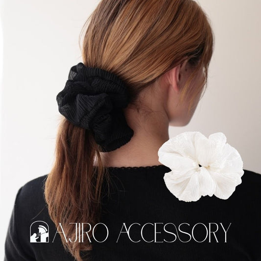 H075シュシュビッグシュシュプリーツシアーレースボリューム大ぶりヘアゴムヘアアクセ髪留め髪飾り大きめおしゃれかわいい大人可愛いエレガントブラック