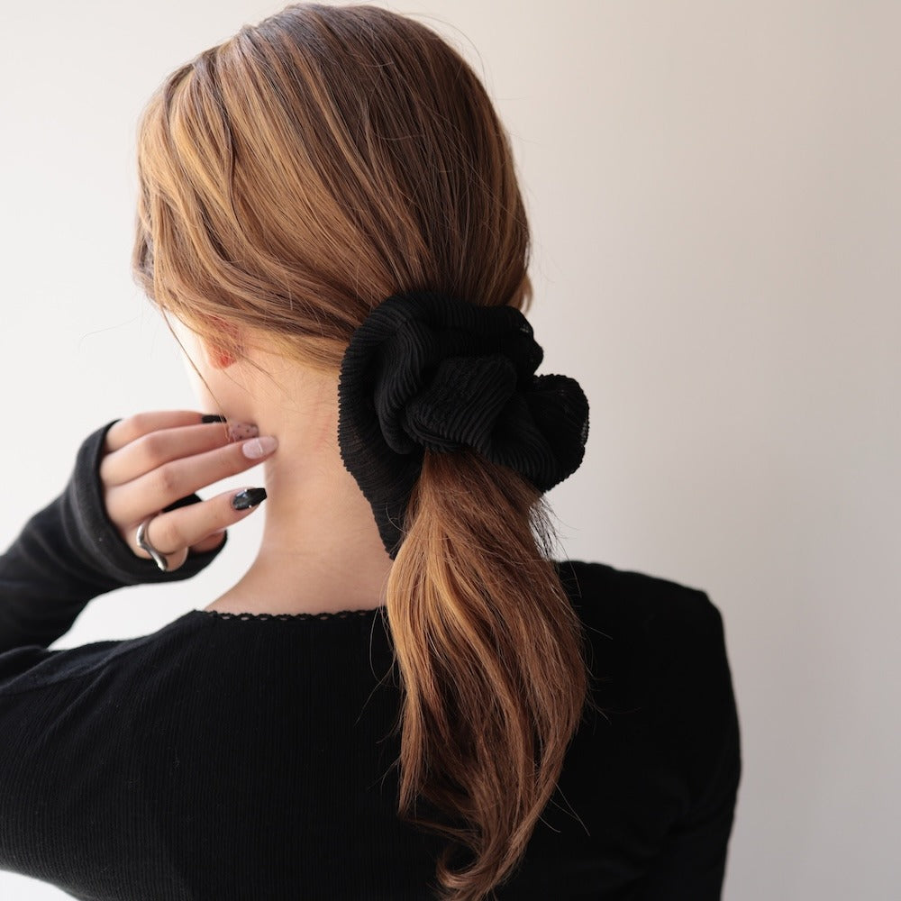 H075シュシュビッグシュシュプリーツシアーレースボリューム大ぶりヘアゴムヘアアクセ髪留め髪飾り大きめおしゃれかわいい大人可愛いエレガントブラック