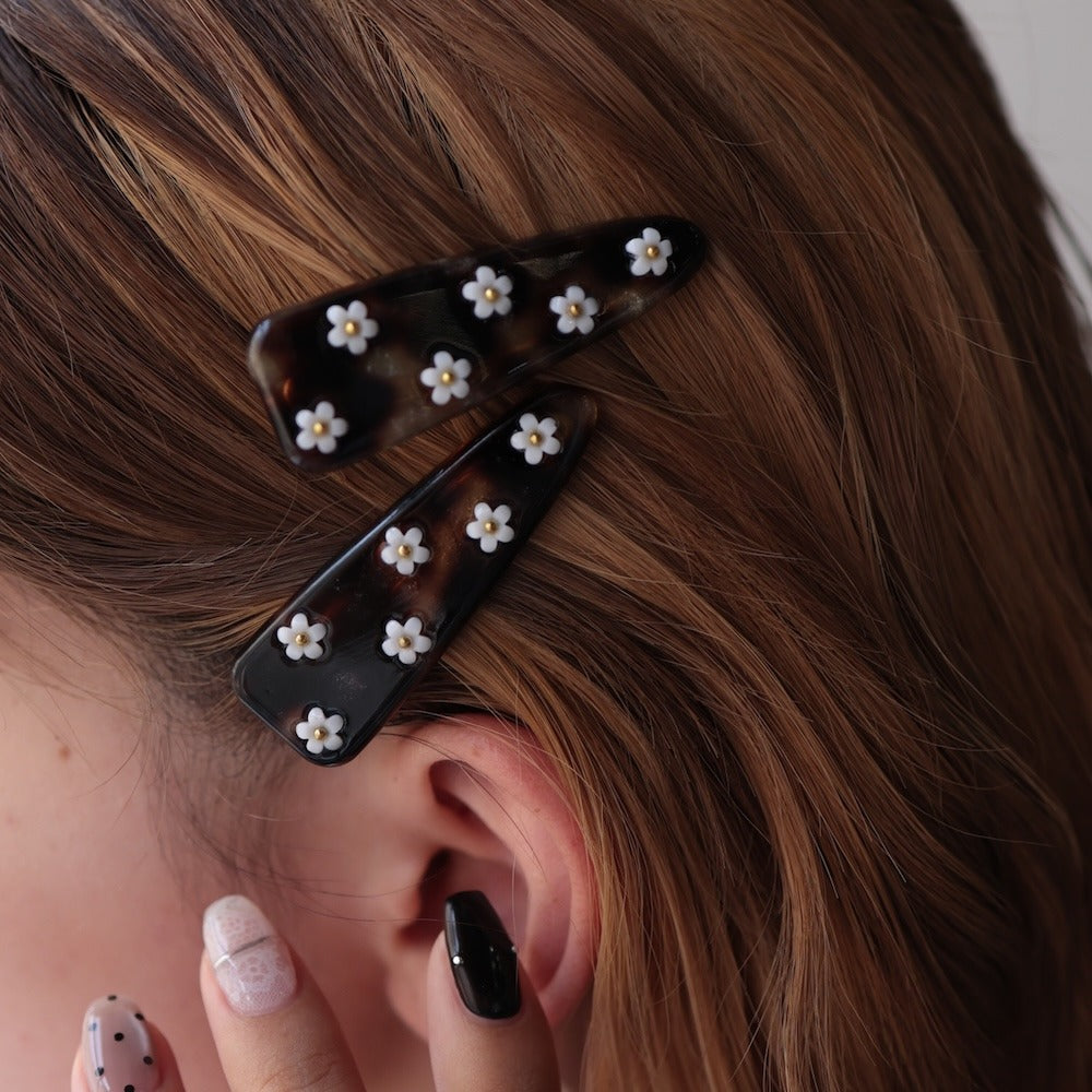 H077【2点セット】ヘアクリップヘアピン花フラワー小花アクリルオーロラマーブルべっ甲風ヘアアクセ髪留め髪飾り大人かわいいおし