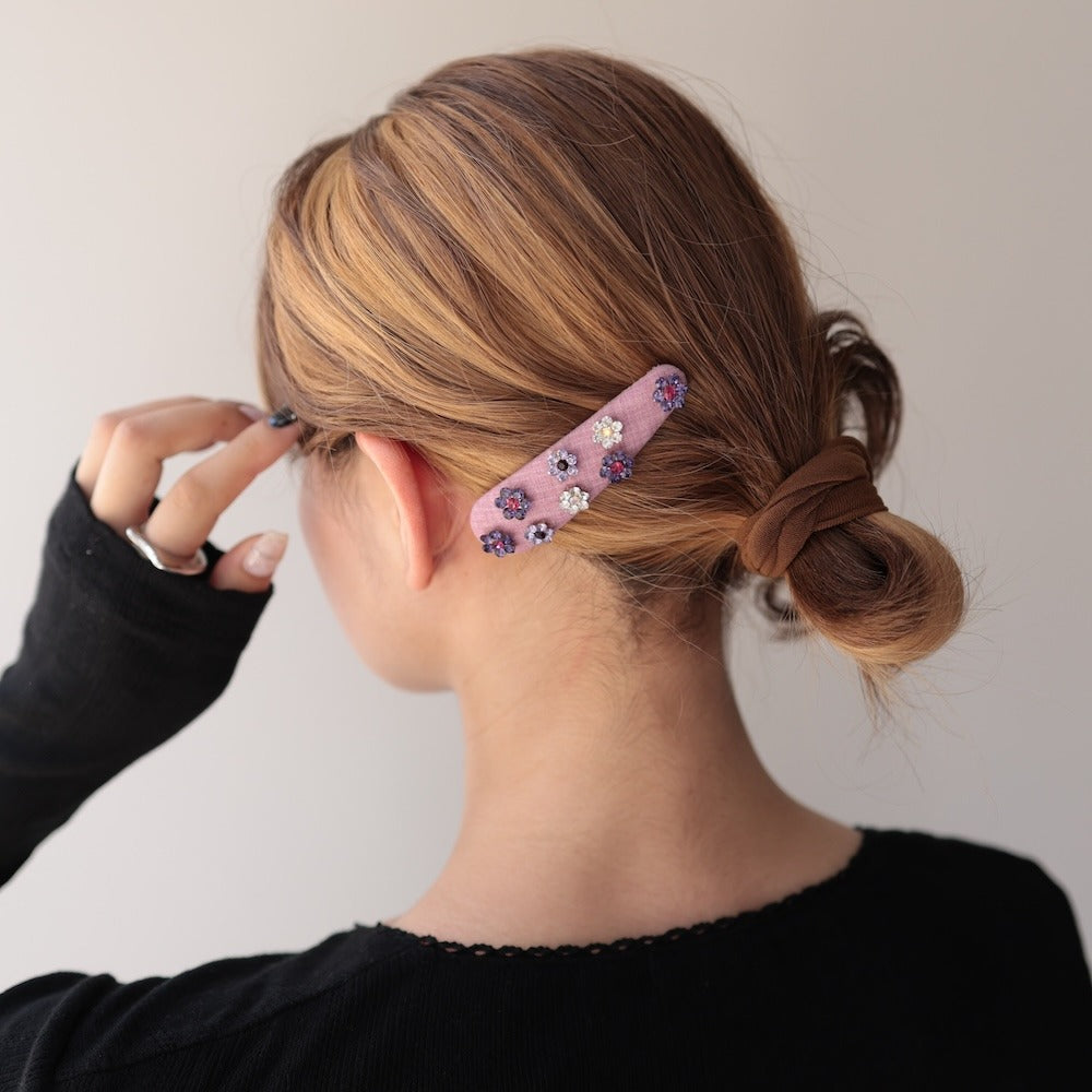 H079ヘアクリップスリーピンパッチン留めヘアピン髪留めフラワー花ビジューストーンファブリック布ヴィンテージ風レトロ華やか上品大人かわいいシンプル