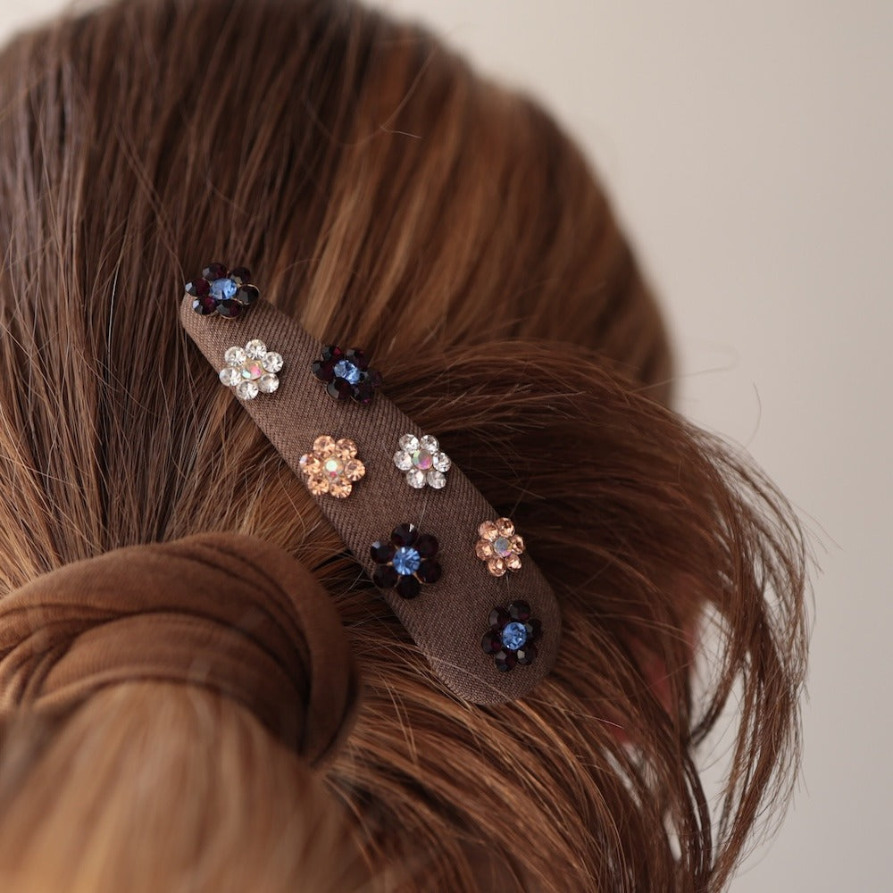 H079ヘアクリップスリーピンパッチン留めヘアピン髪留めフラワー花ビジューストーンファブリック布ヴィンテージ風レトロ華やか上品大人かわいいシンプル