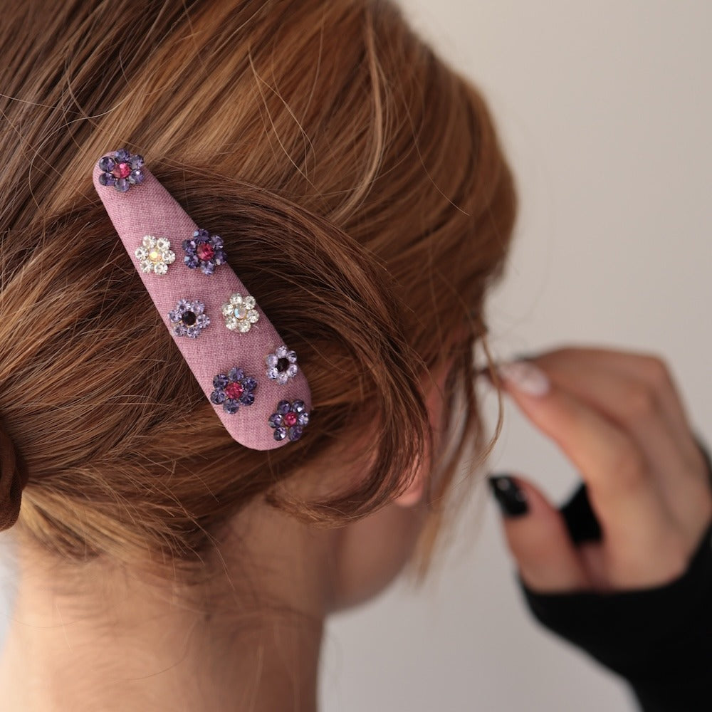 H079ヘアクリップスリーピンパッチン留めヘアピン髪留めフラワー花ビジューストーンファブリック布ヴィンテージ風レトロ華やか上品大人かわいいシンプル