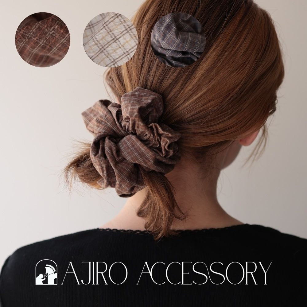 H080シュシュチェック柄ボリューム大ぶりヘアゴム髪留め髪飾りポニーテールお団子まとめ髪ヘアアレンジナチュラルカジュアル