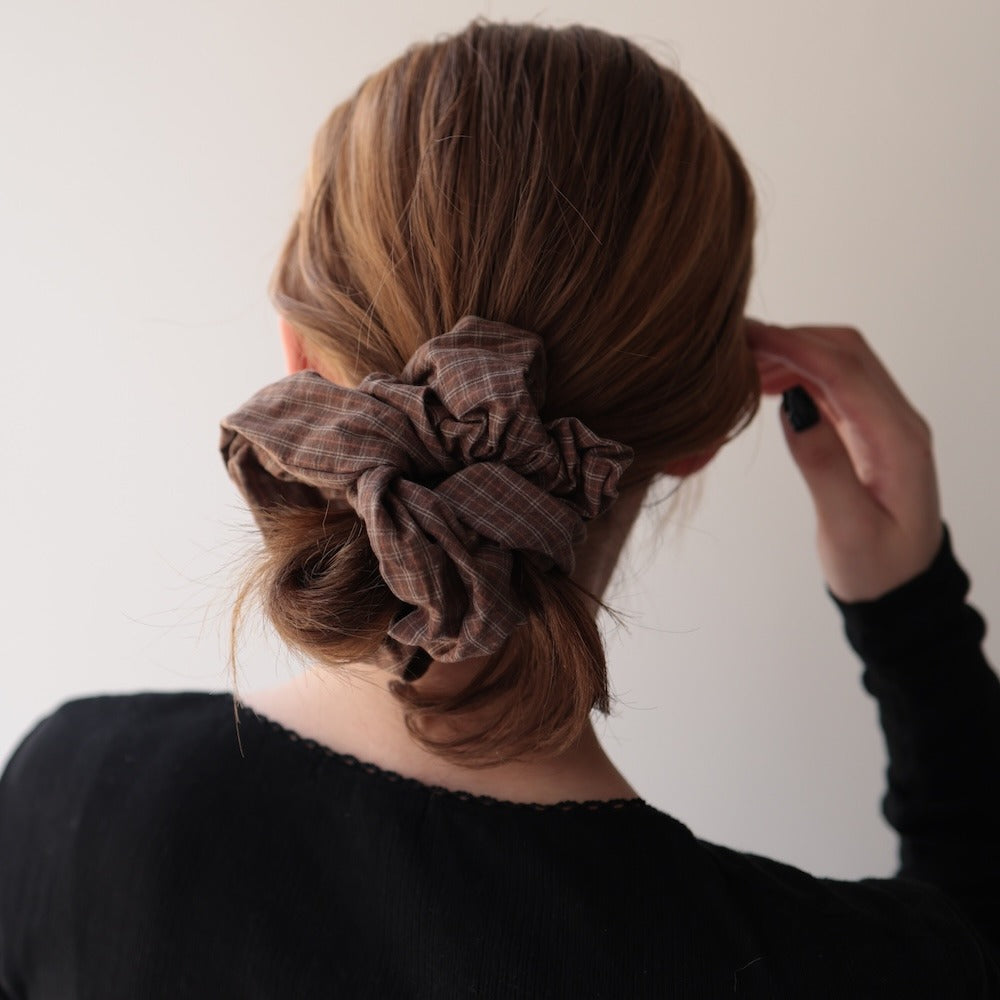 H080シュシュチェック柄ボリューム大ぶりヘアゴム髪留め髪飾りポニーテールお団子まとめ髪ヘアアレンジナチュラルカジュアル