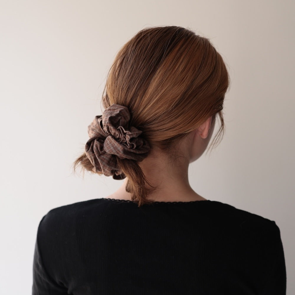 H080シュシュチェック柄ボリューム大ぶりヘアゴム髪留め髪飾りポニーテールお団子まとめ髪ヘアアレンジナチュラルカジュアル